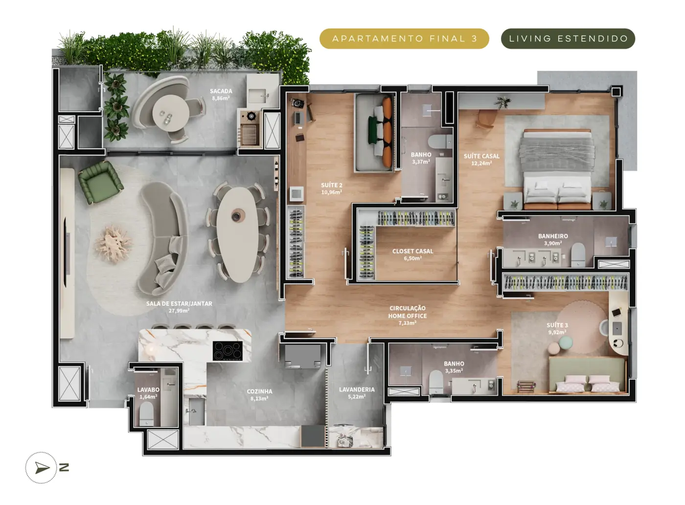 Planta humanizada — 3 suítes · 129,04 m², 129,04 m²