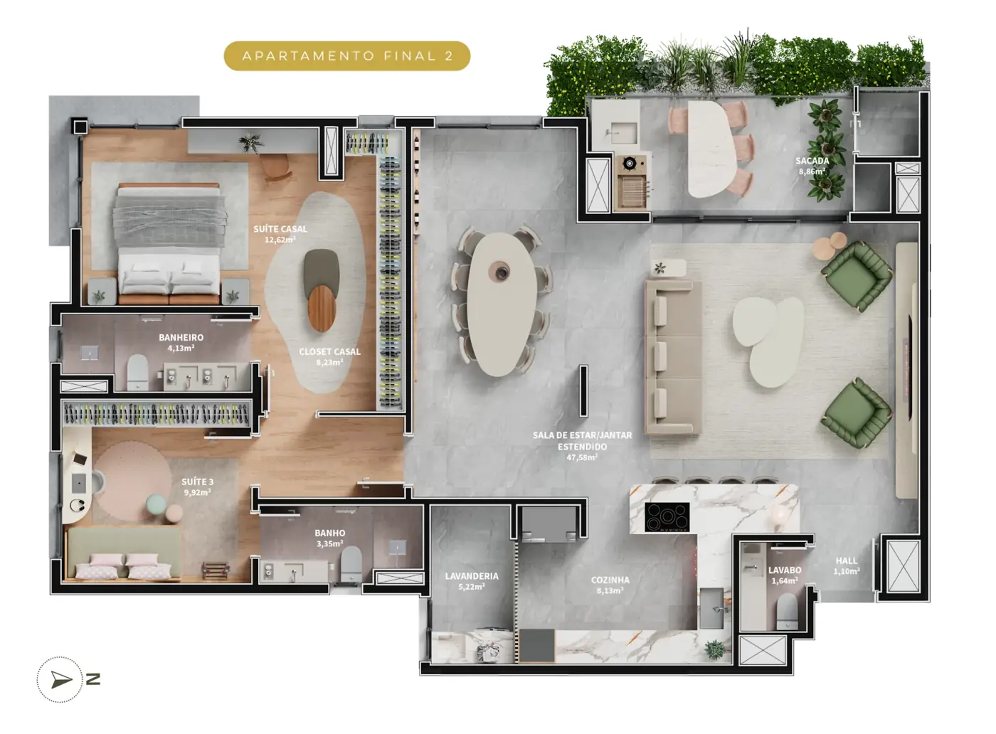 Planta humanizada — 3 suítes · 129,04 m², 129,04 m²
