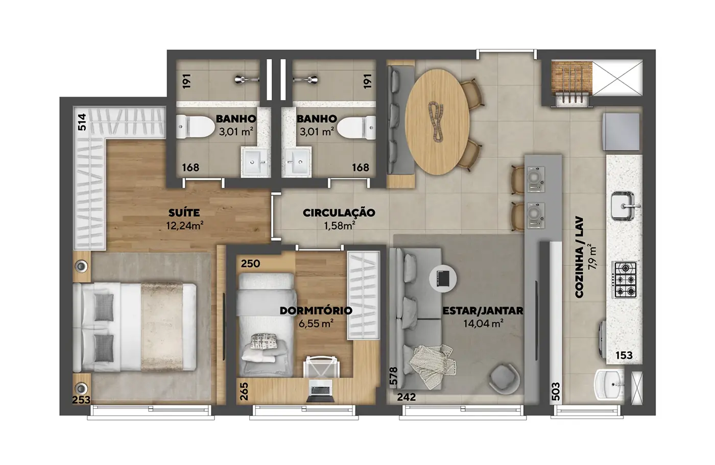 Planta humanizada — Apartamento 56 m², 56 m²