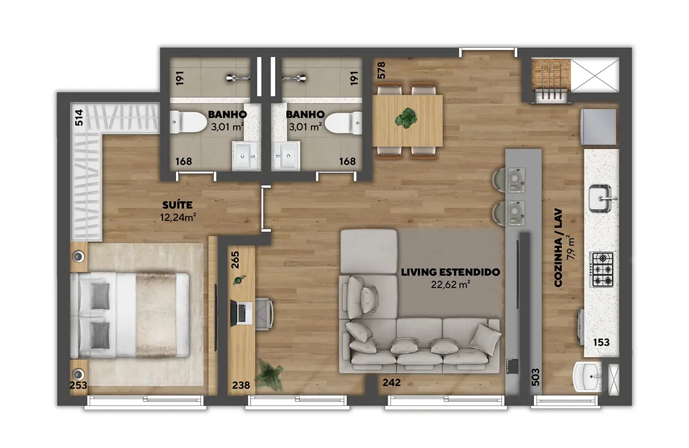 Planta humanizada — Apartamento 56 m² · living estendido, 56 m²