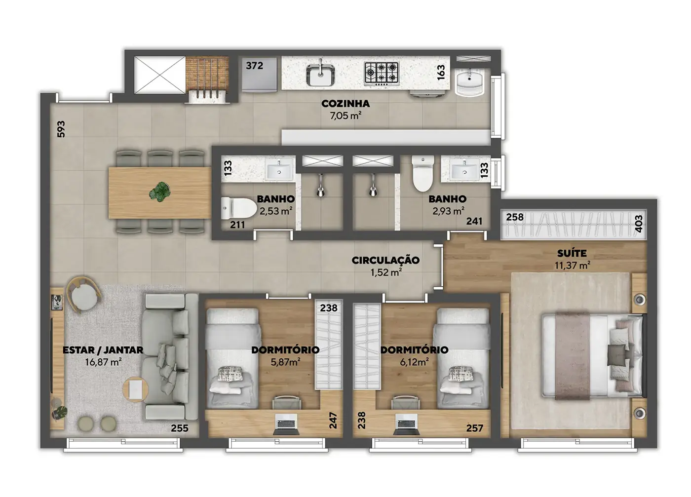 Planta humanizada — Apartamento 67 m², 67 m²