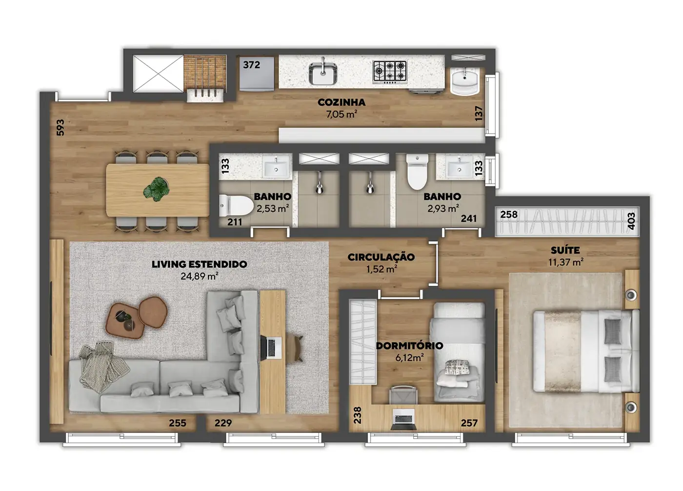Planta humanizada — Apartamento 67 m² · living estendido, 67 m²