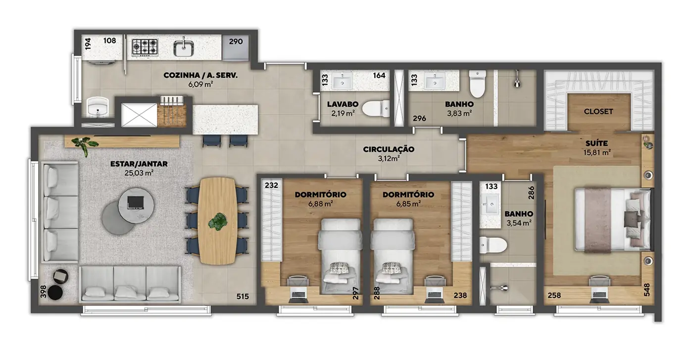 Planta humanizada — Apartamento 87 m², 87 m²