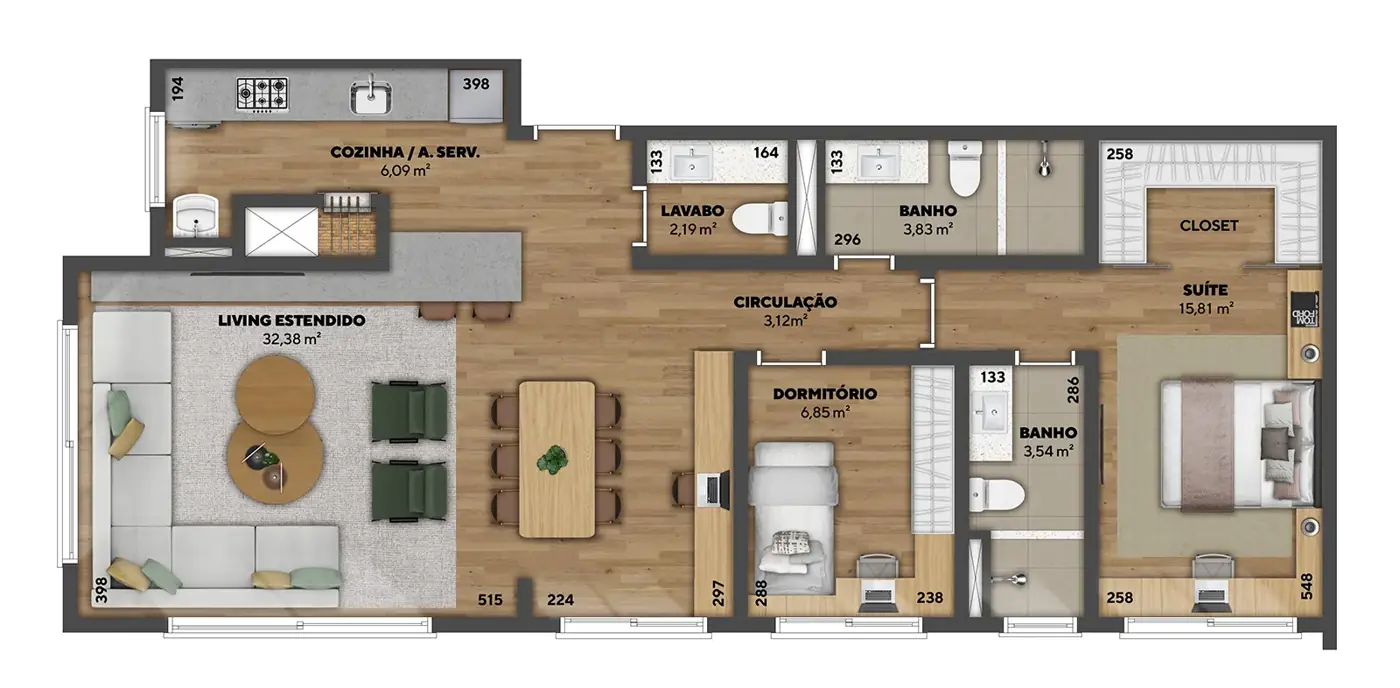 Planta humanizada — Apartamento 87 m² · living estendido, 87 m²