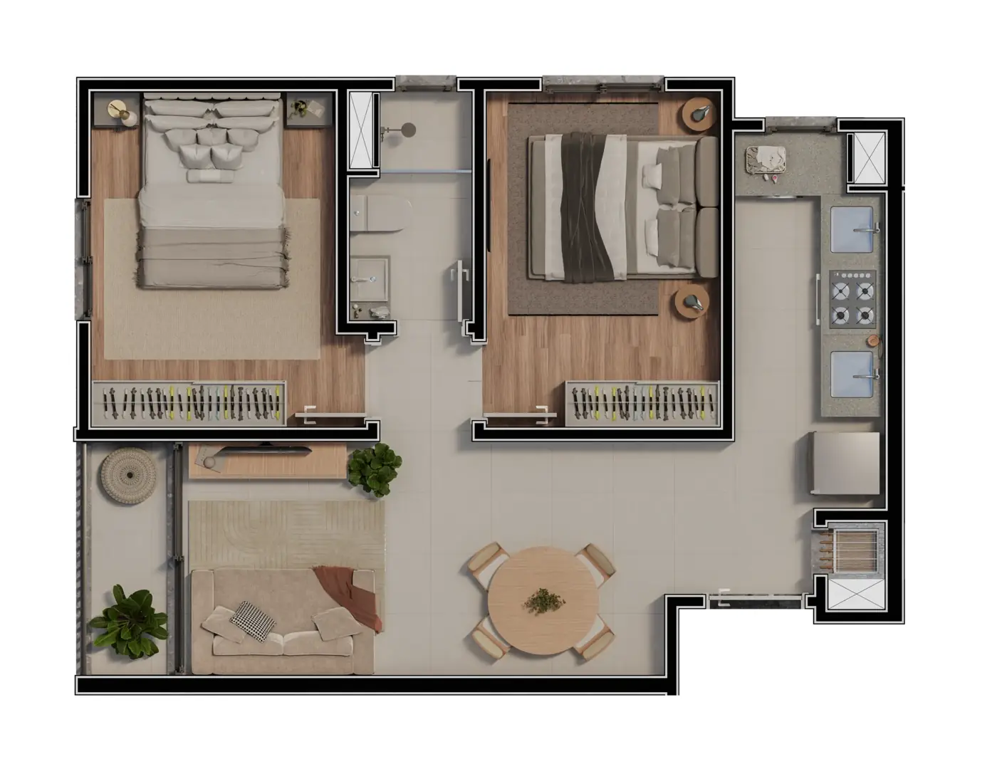 Planta humanizada — Apartamento frente · 2 dorm., 45,36 m² (área total)