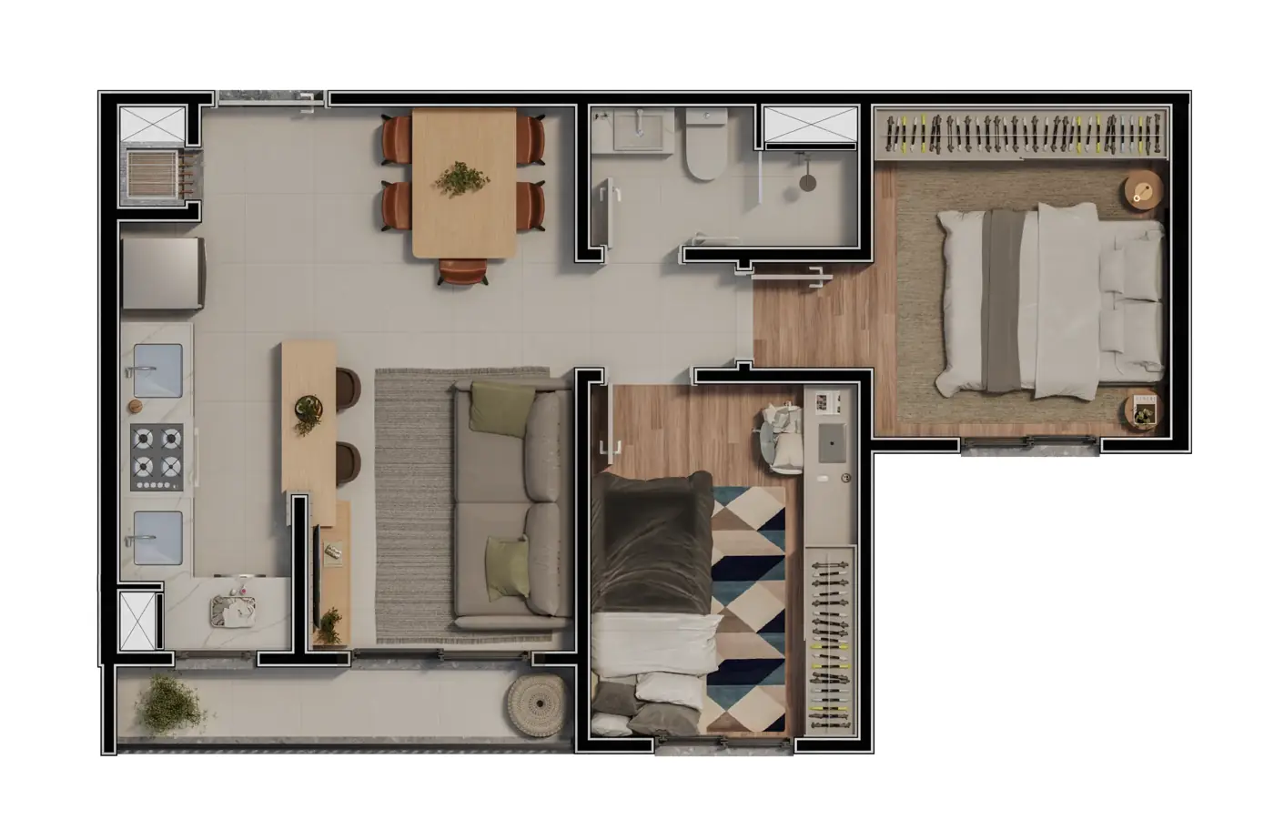 Planta humanizada — Apartamento meio · 2 dorm., 44,10 a 44,90 m² (área total)