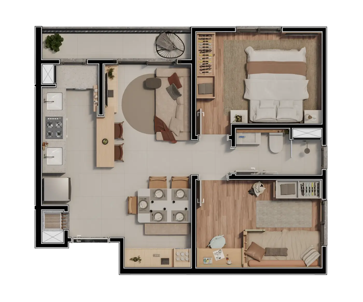 Planta humanizada — Apartamento fundos · 2 dorm., 46,72 m² (área total)